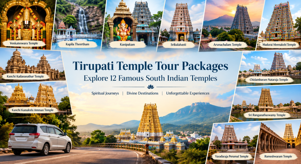 Tirupati Temple Tour Packages featuring 12 famous South Indian temples for a spiritual pilgrimage.
